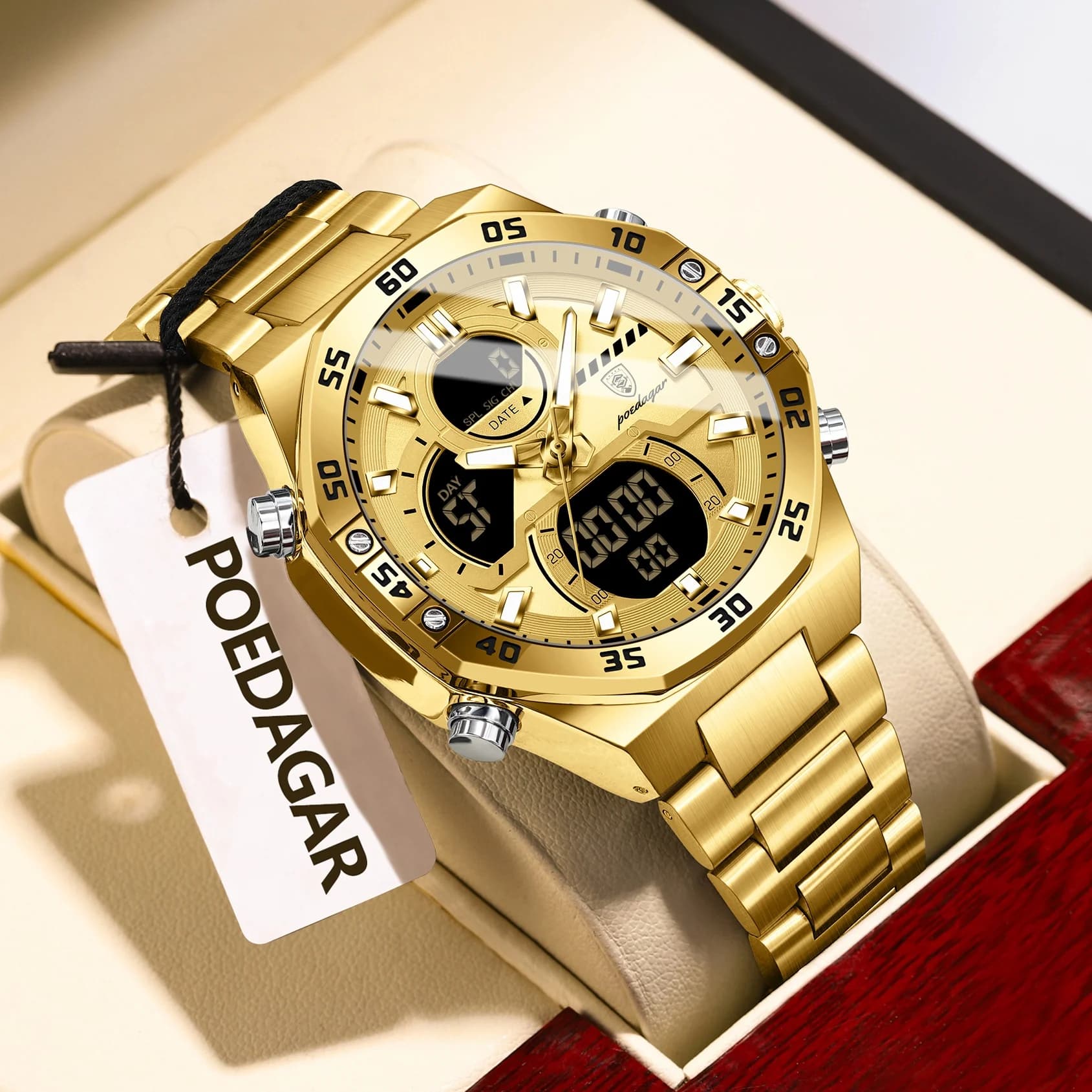 POEDAGAR Top Men's Watch Quartz LED Light Waterproof Week Date Men's Watch Military Digital Men's Watch Stainless Steel Fashion