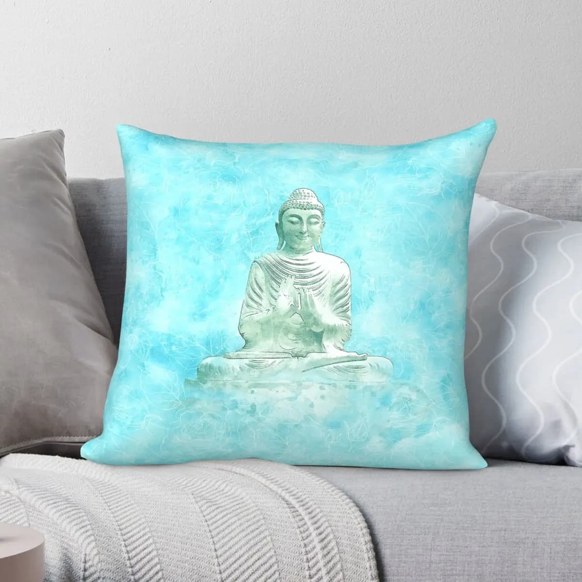 Zen Buddha Meditation Statue Turquoise Square Pillowcase Polyester Linen Velvet Pattern Zip Decor Pillow Case Car Cushion Cover