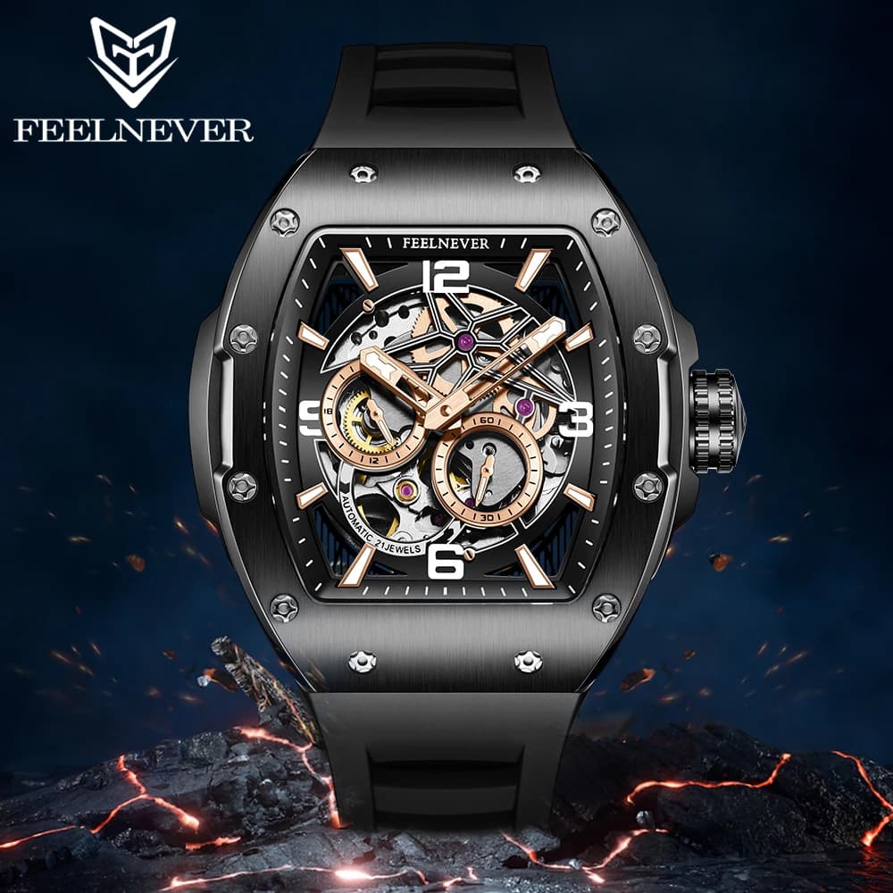 FeelNever Orologio da uomo di marca Tonneau meccanico automatico luminoso originale movimento scavato zaffiro secondo quadrante indipendente