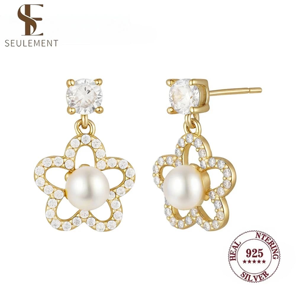 Orecchini pendenti con fiori in argento sterling 925 con perle d'acqua dolce Seulement Eleganti orecchini pendenti per gioielli di moda da donna