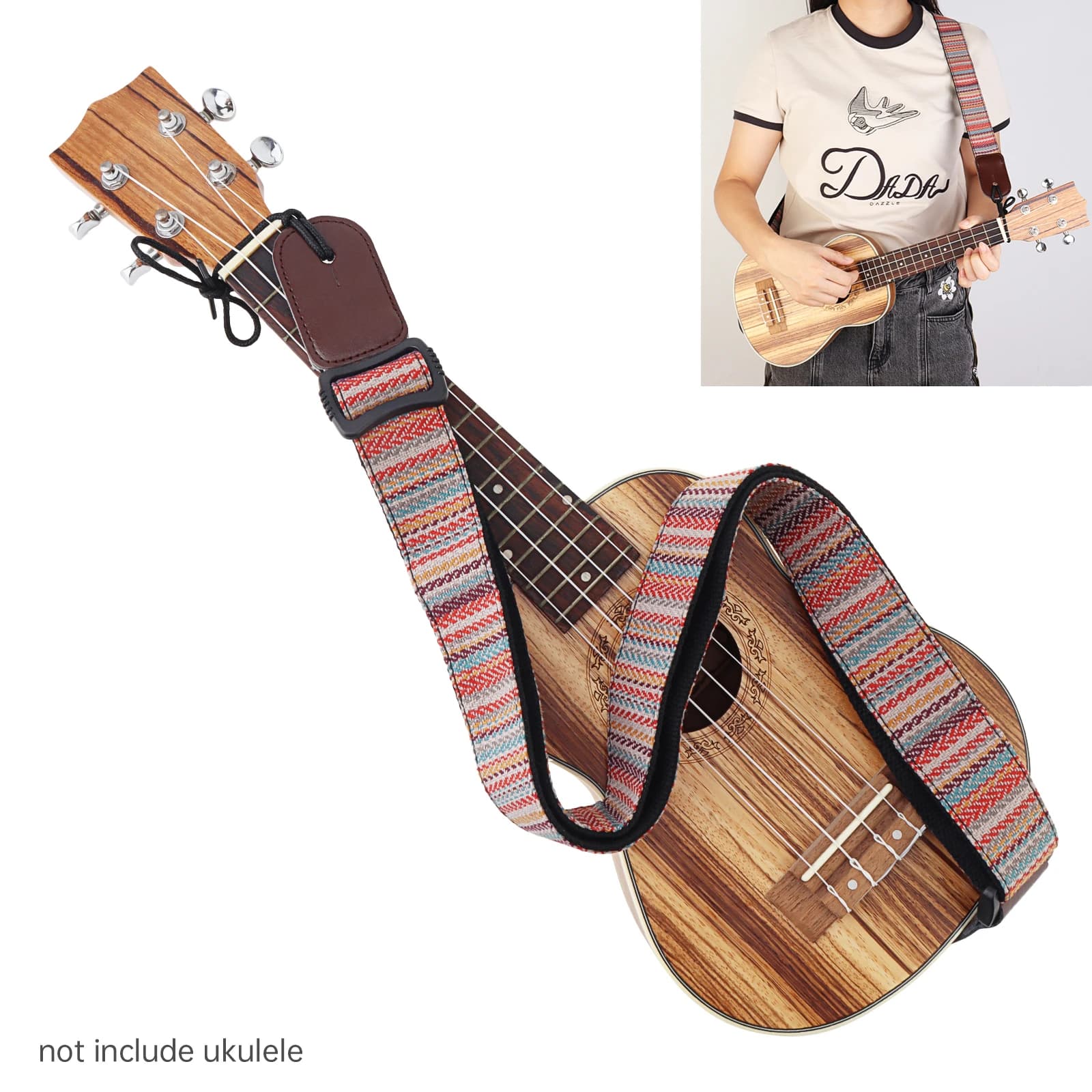 Cotton Weaving PU Leather Ends Ukulele Strap for Soprano Concert Tenor Ukulele with End Pins, Adjustable Small Guitar Strap