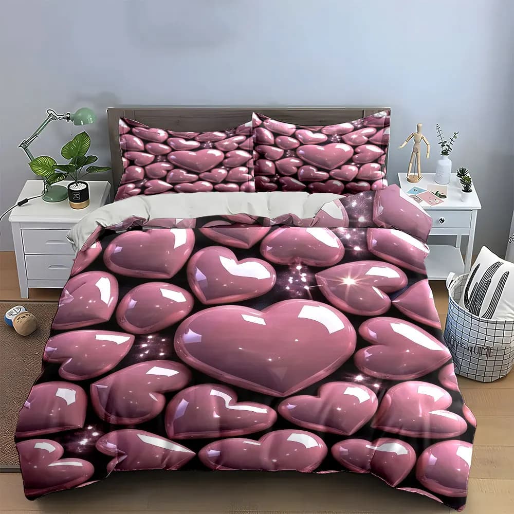 Set di decorazioni artistiche a forma di cuore rosa, set di biancheria da letto morbido e delicato sulla pelle, include 1 copripiumino e 2 federe, regalo