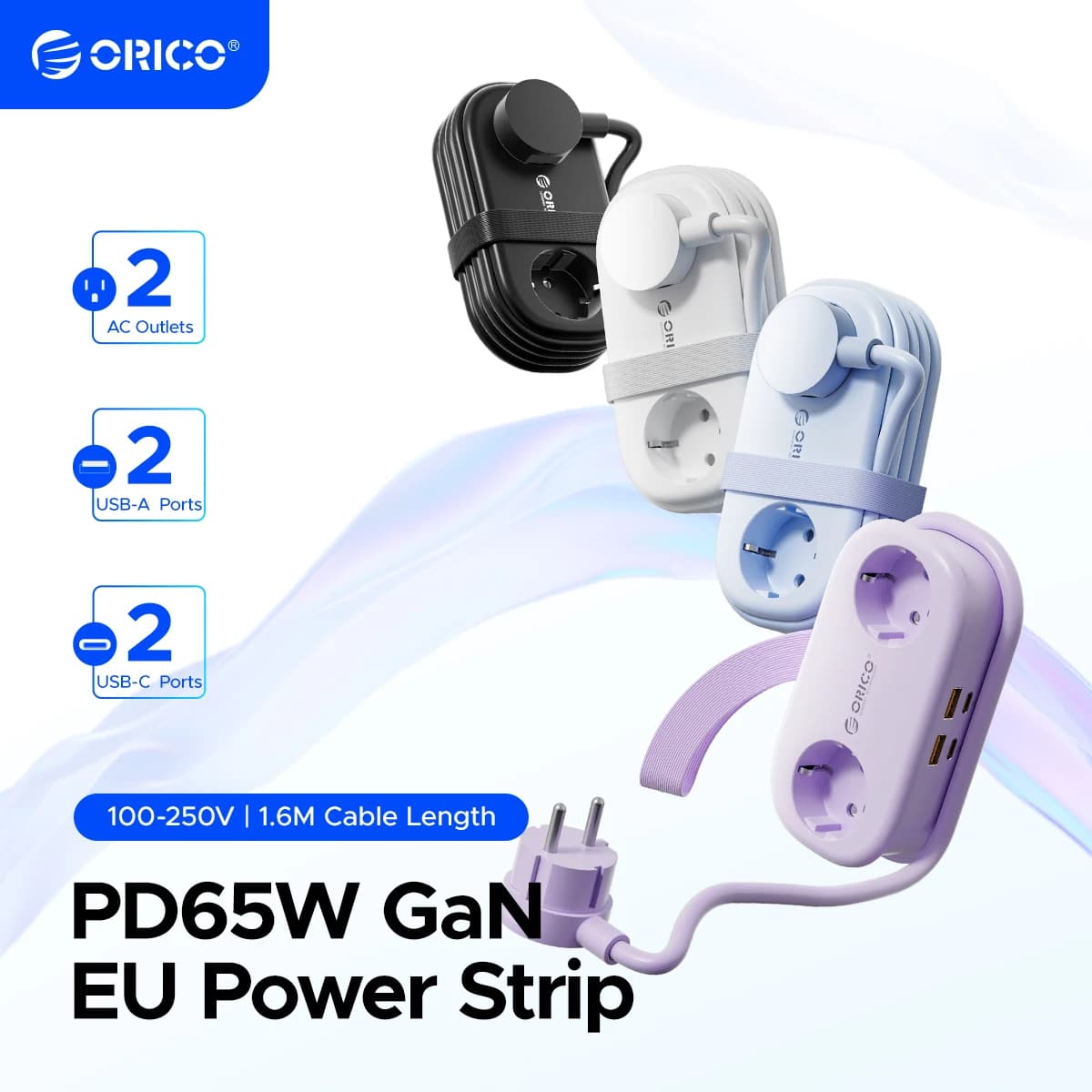 ORICO Cable-Wrap Multipresa da Viaggio Portatile 65W GaN con Ricarica Rapida, 2 Prese AC, 2 USB, 2 Type-C, Adattatore Spina EU per Casa