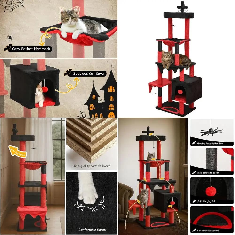 Albero per gatti gotico di Halloween, 66 alti, mobili robusti con letto, amaca, giocattoli, tiragraffi (nero e rosso)