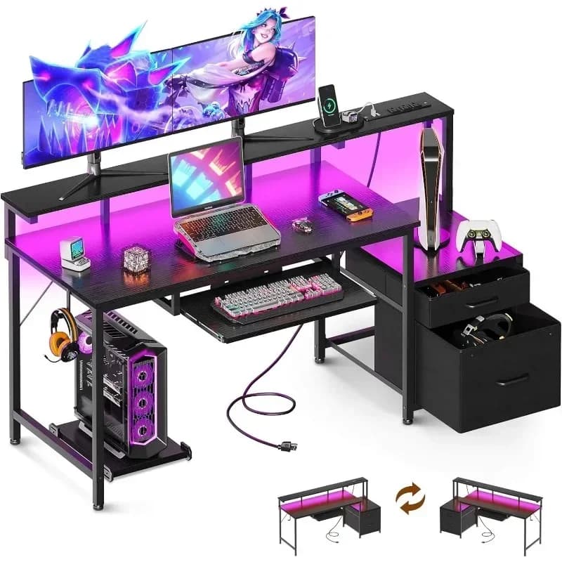 Per scrivania per computer da 55 pollici con prese di corrente e luce LED, scrivania da ufficio reversibile con schedario e cassetto, scrivania da gioco con