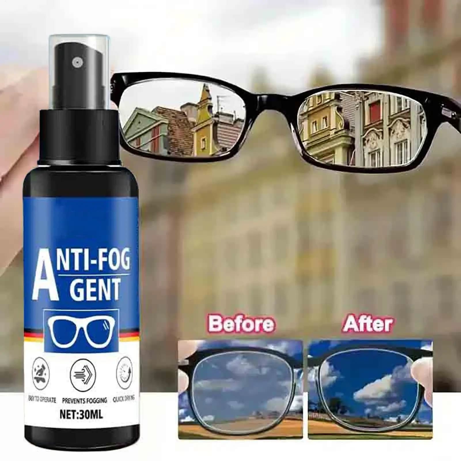 Spray Antiappannante Multiuso 30ml Lunga Durata per Occhiali da Nuoto, Sci e Sport - Visione Chiara