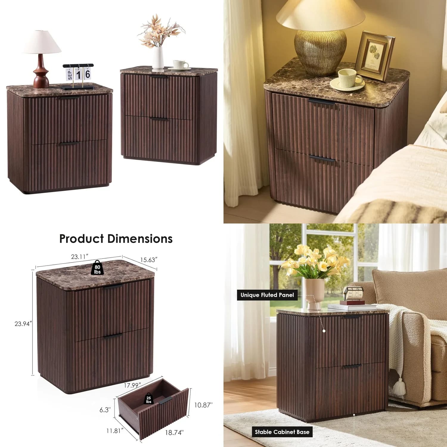 Comodino Scanalato a 2 Cassetti con Piano in Finto Marmo, Angoli Curvi, Maniglia in Metallo, per Camera da Letto, Soggiorno, Ufficio, 23W, Rovere Scuro, Personalizzabile