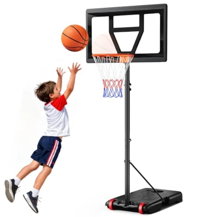 Outdoor kids basketball hoop, height adjustable 3-7 FT, portable system for backyard/driveway/indoor use, shatterproof backboar