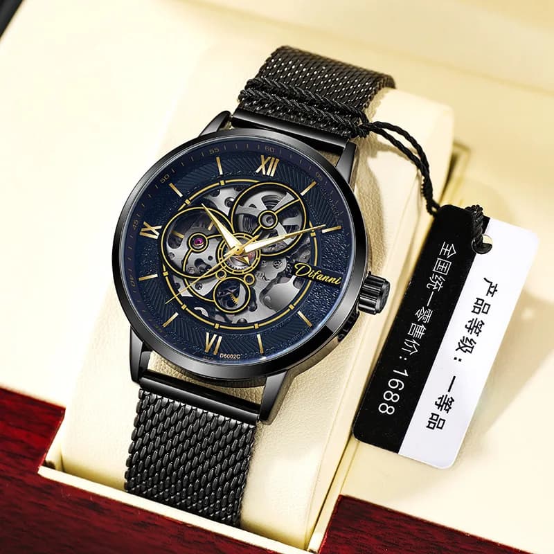 Stainless Steel Black Tech Series Dual Skeleton Tourbillon Luminous Waterproof Self-Wind Automatic Watch for Men