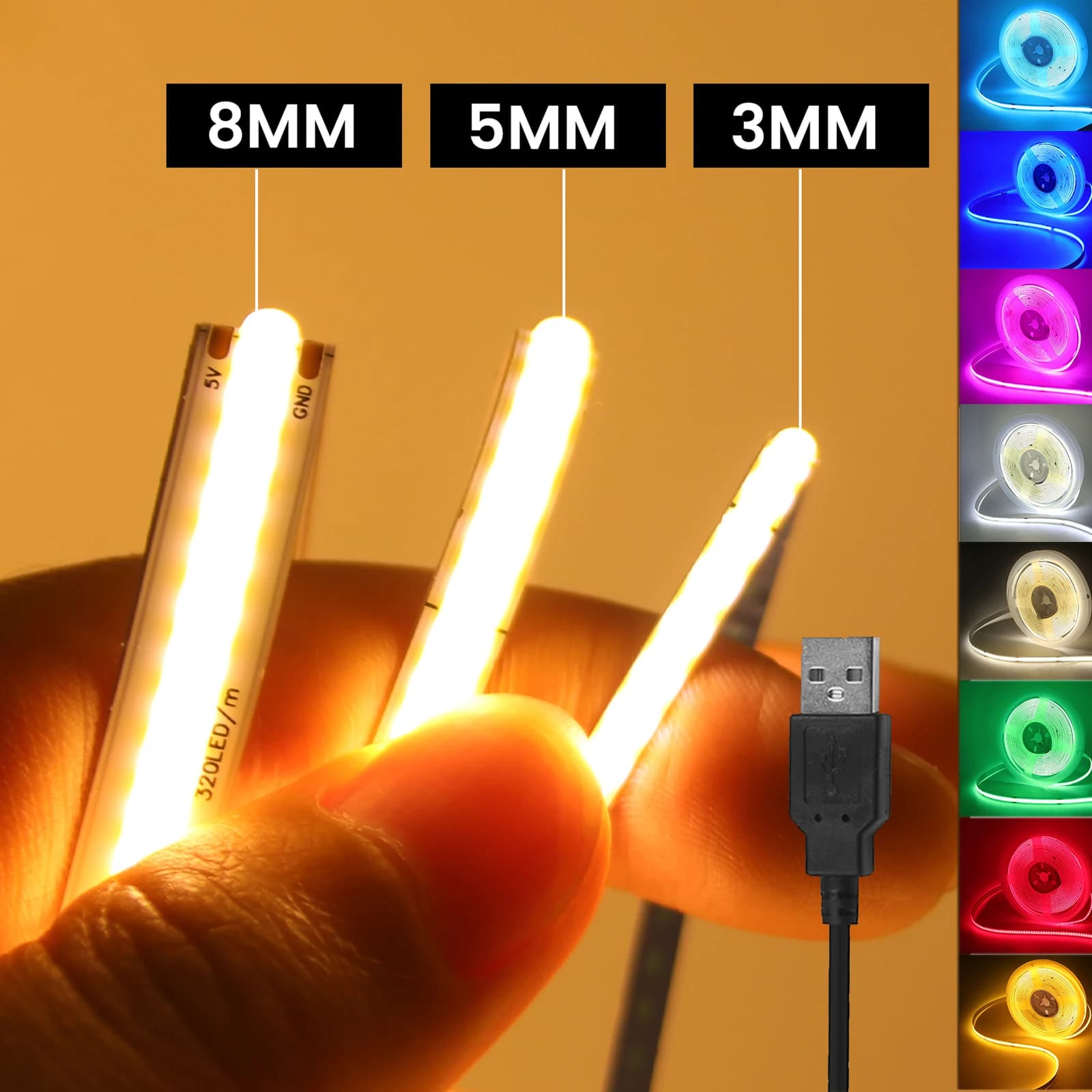 DC 5V USB COB Strip 3MM 5MM 8MM Bianco/Rosa/Rosso/Bianco/Giallo/Giallo/Blu ghiaccio/Verde Nastro flessibile Corda Home Decor TV Retroilluminazione
