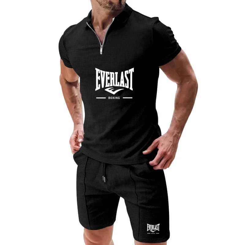 Men's Sports Activity Set: Half Zip Polo and Shorts, Rapid Drying, Breathable, Lightweight, Two Pieces