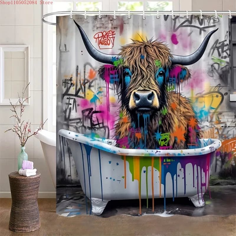 colorful highland cow graffiti shower curtain polyester - With Hooks Waterproof Mildew Proof Easy Install Washable