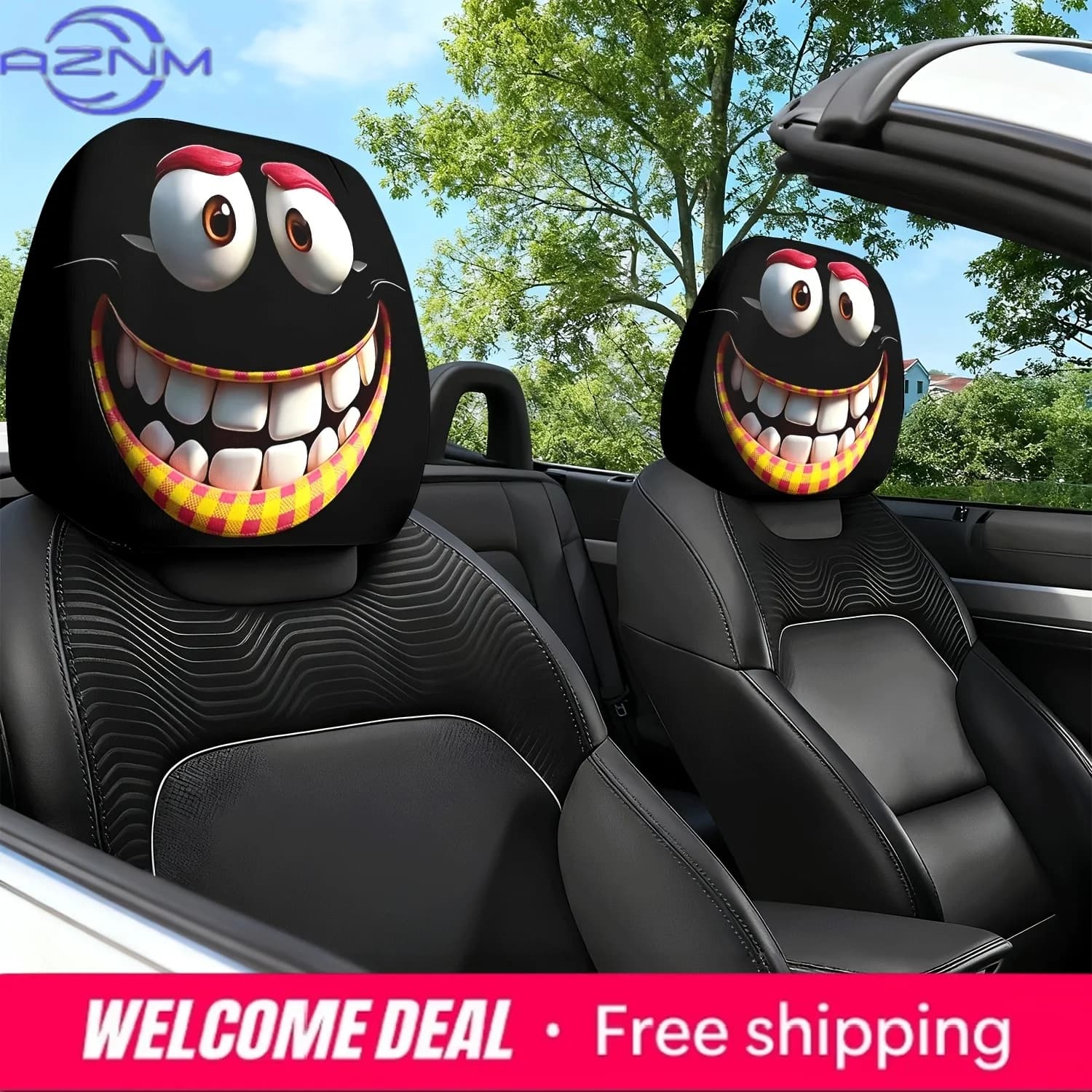 2 copri poggiatesta per auto dal design creativo con faccina sorridente | Poliester, Lavabile, Facile Installazione