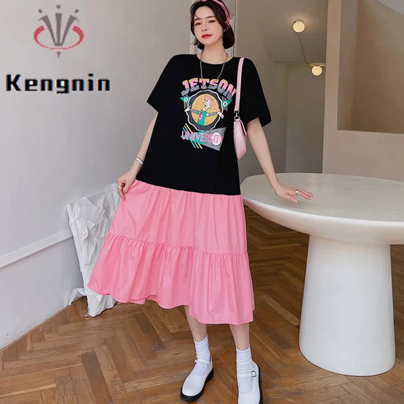 Abito Estivo Ampio con Patchwork e Pieghe, Taglie Forti, Effetto Due Pezzi, Casual, da Donna, Vestito Femminile KE3521