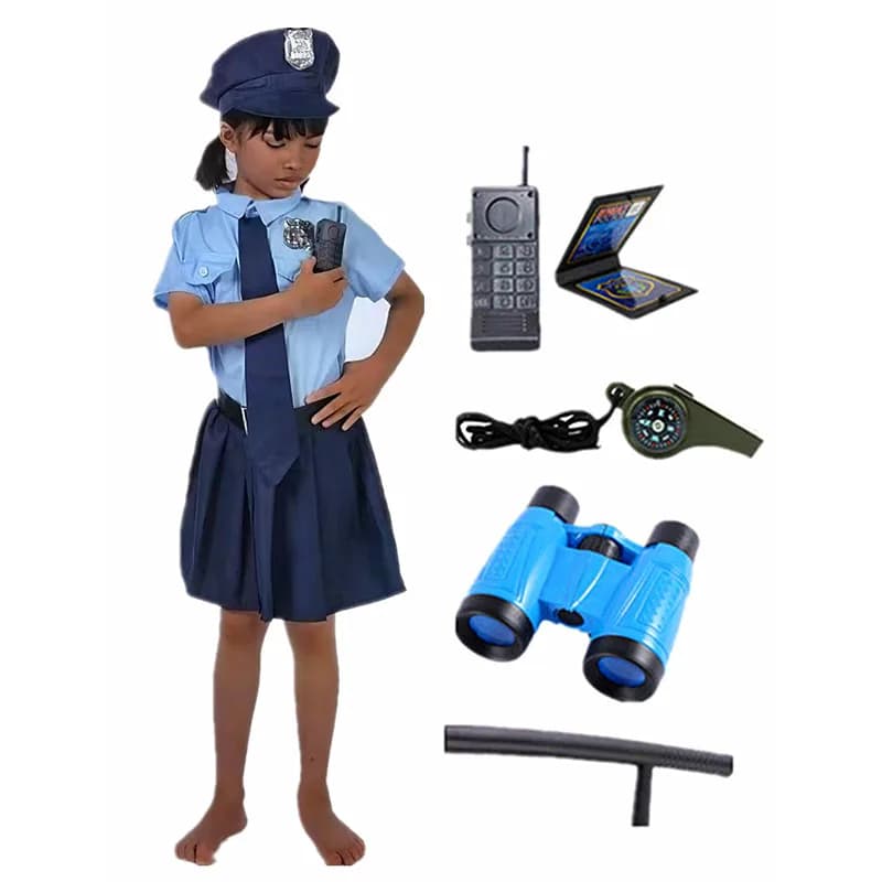 Uniforme da lavoro per ufficiale di polizia per ragazze, gioco di ruolo di Halloween, costume con pulsante, accessorio giocattolo della polizia con walkie talkie, fischio, bastone regalo