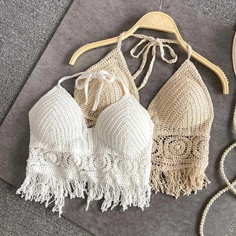 Sexy Boho Beach Holiday Canotta Halter Donna Crochet Maglia Costume da bagno Reggiseno Backless Vest Hollow Nappa Canotta Crop Top da donna