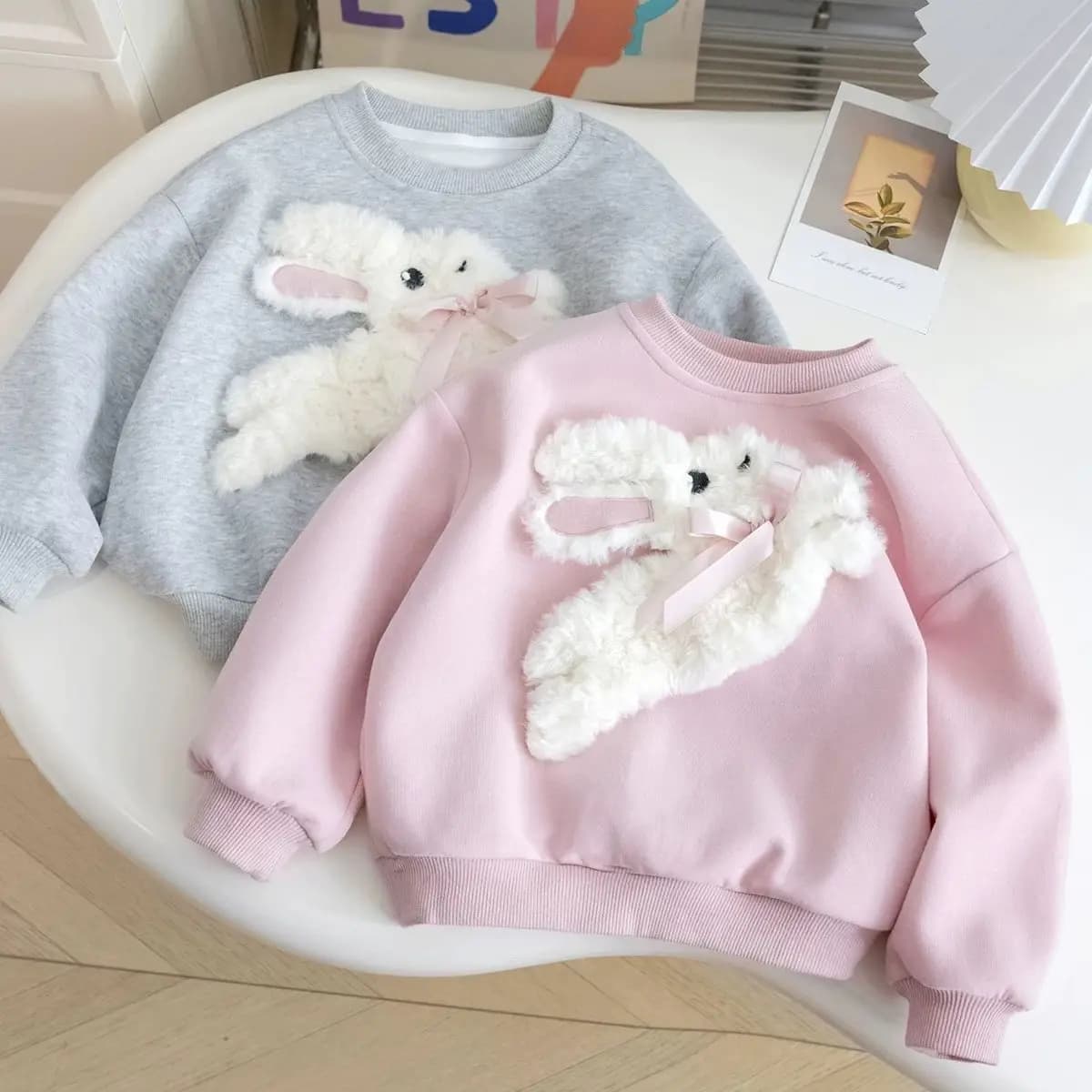 Abbigliamento sportivo a maniche lunghe per ragazze 3-10 anni Bambini Cartoon 3D Peluche Coniglio Felpa con cappuccio Autunno Bambina carina Girocollo Top