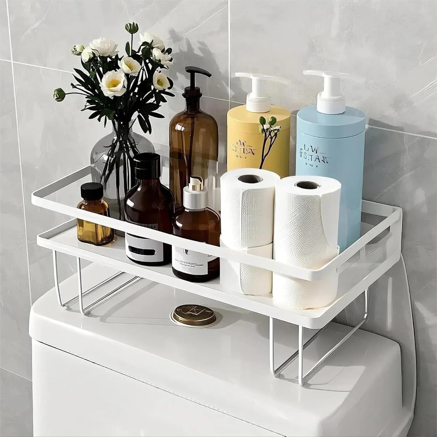 Mensola portaoggetti da posizionare sopra il WC con 2 ganci, organizer da bagno senza fori per piccoli spazi, bianco