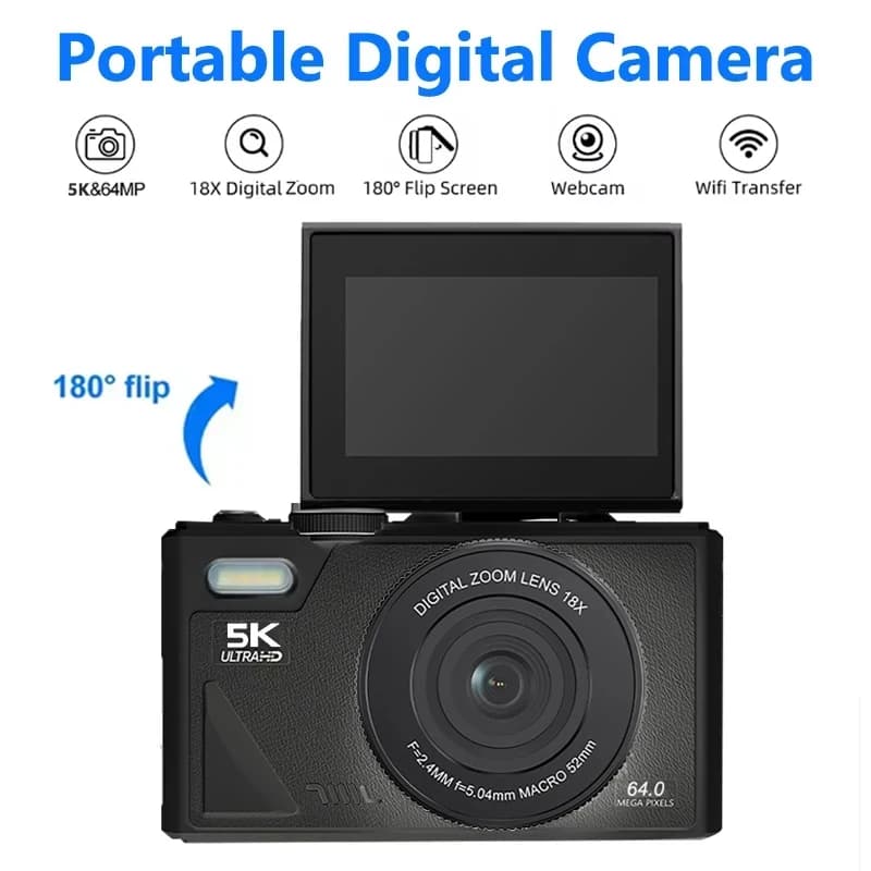 Compact digital camera 5K Zoom digital 18X Video Vlog vintage YouTube 64MP 3''' 180 ° Cameras with tipping screen