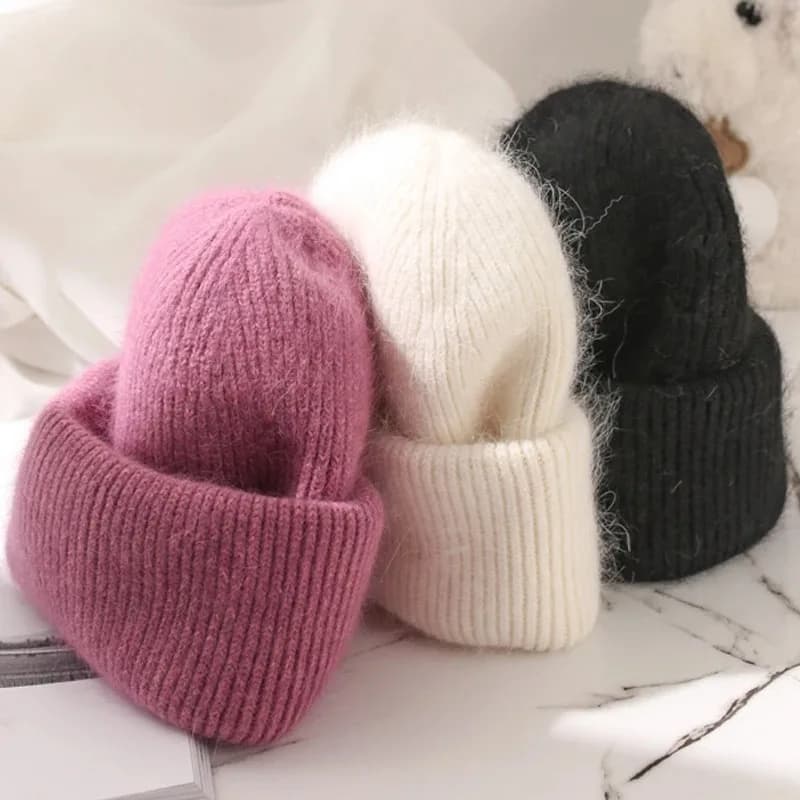 Berretti invernali in pelliccia di coniglio angolone lavorati a maglia da donna, alla moda, caldi, in cashmere e lana, cappelli a tre pieghe spessi da donna