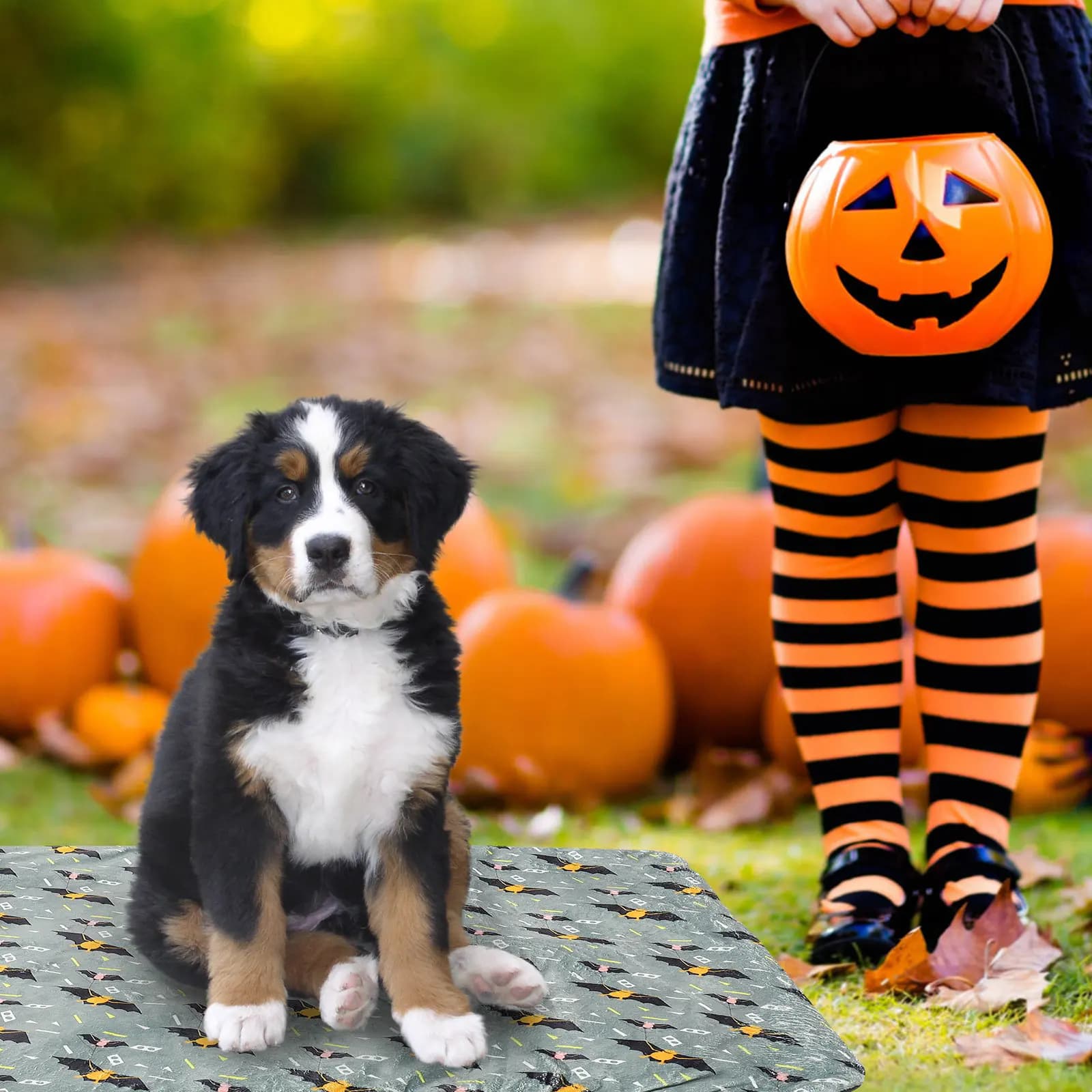 Cuccia Riscaldata per Gatti, Tappetino Autoriscaldante per Animali Domestici, Comoda Coperta a Tema Halloween 'Trick or Treat', Cuccia Portatile in Tessuto per Cani