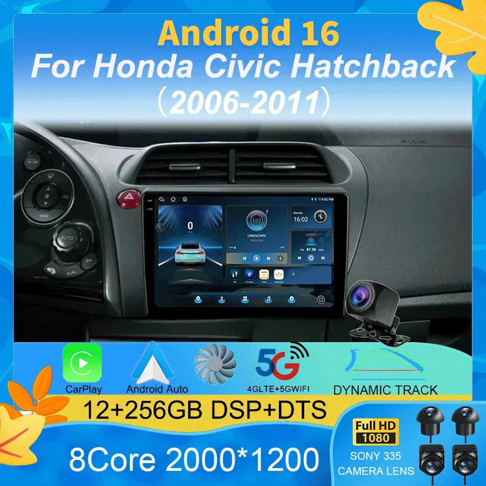 Autoradio Android 16 Carplay con Navigatore GPS e Lettore Multimediale per Honda Civic Hatchback 2006 - 2011, Stereo Video DVD 2 DIN