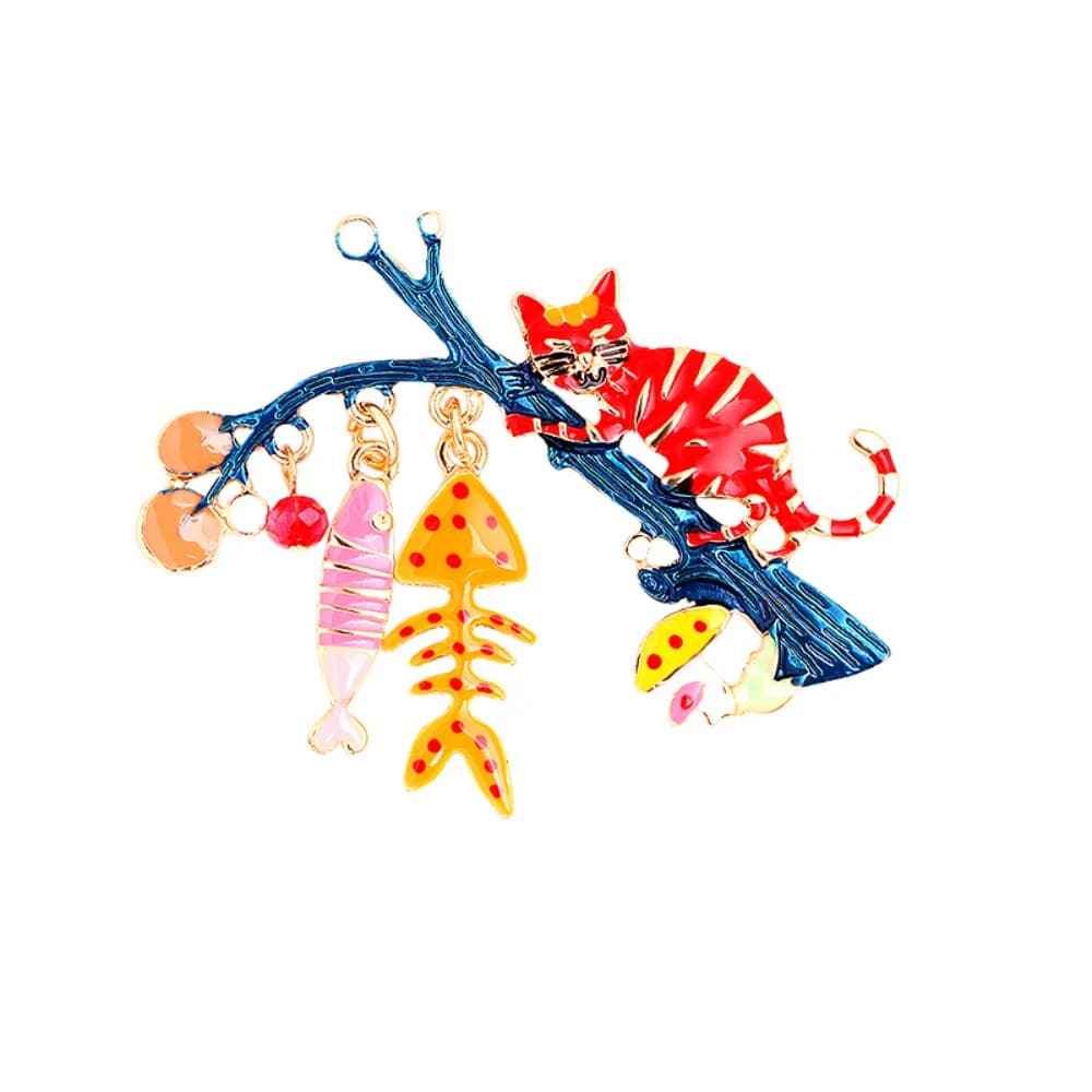 Spilla a forma di albero per gatti con ciondolo a osso di pesce, decorazione a fungo con gemma, per camicia, abito, colletto, borsa