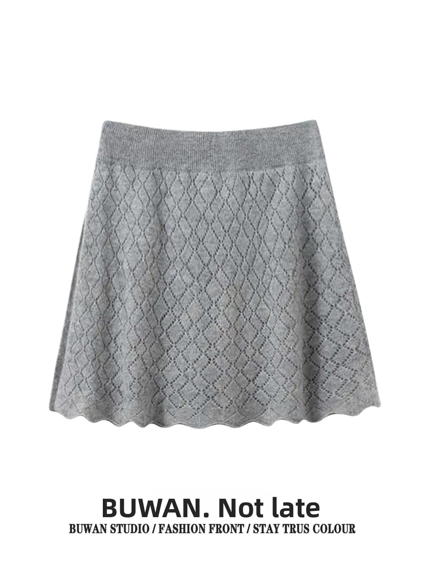 Gonna a maglia grigia da donna, autunno inverno, con elastico in vita, strato in rete, versatile, a trapezio