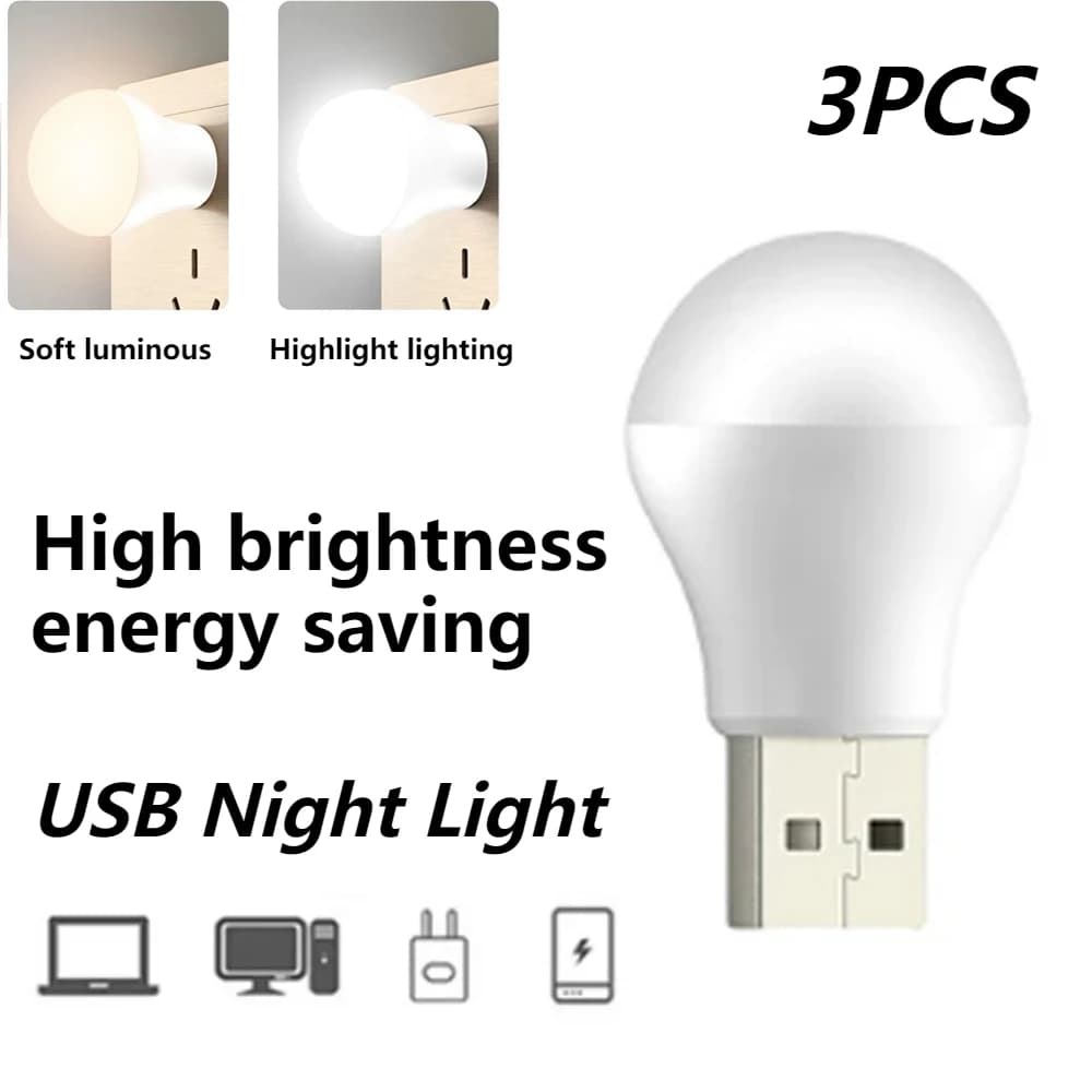3PCS Mini USB Plug Lamp Computer Mobile Power Charging LED Night Lamp Small Book Lamps Eye Protection Reading Light Round Light