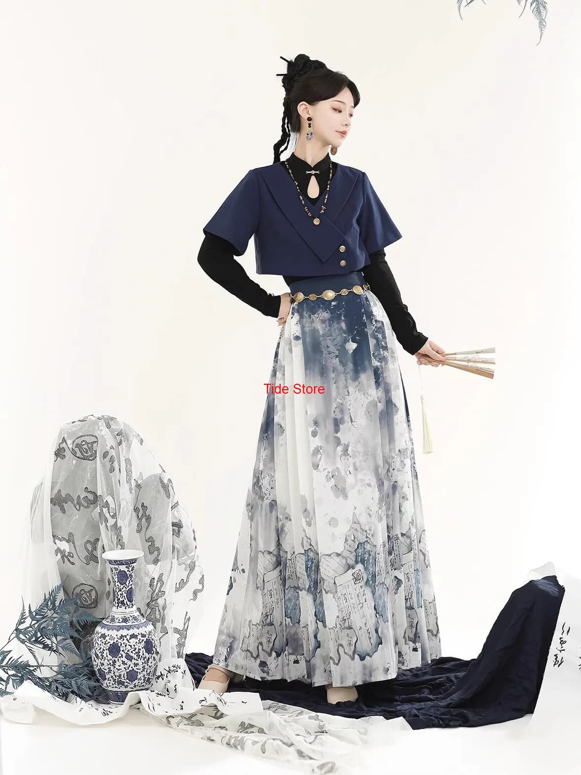 Scroll del libro che presenta un nuovo stile cinese Mamian Gonna con faccia di cavallo Migliorata Hanfu Camicia base lavorata a maglia Cappotto Abito Han