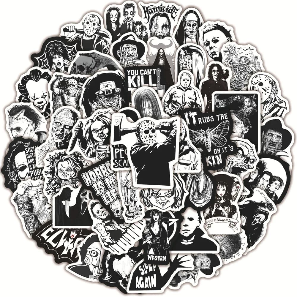 50 pezzi in bianco e nero tema film horror graffiti adesivo impermeabile valigia notebook skateboard frigorifero adesivi per casco