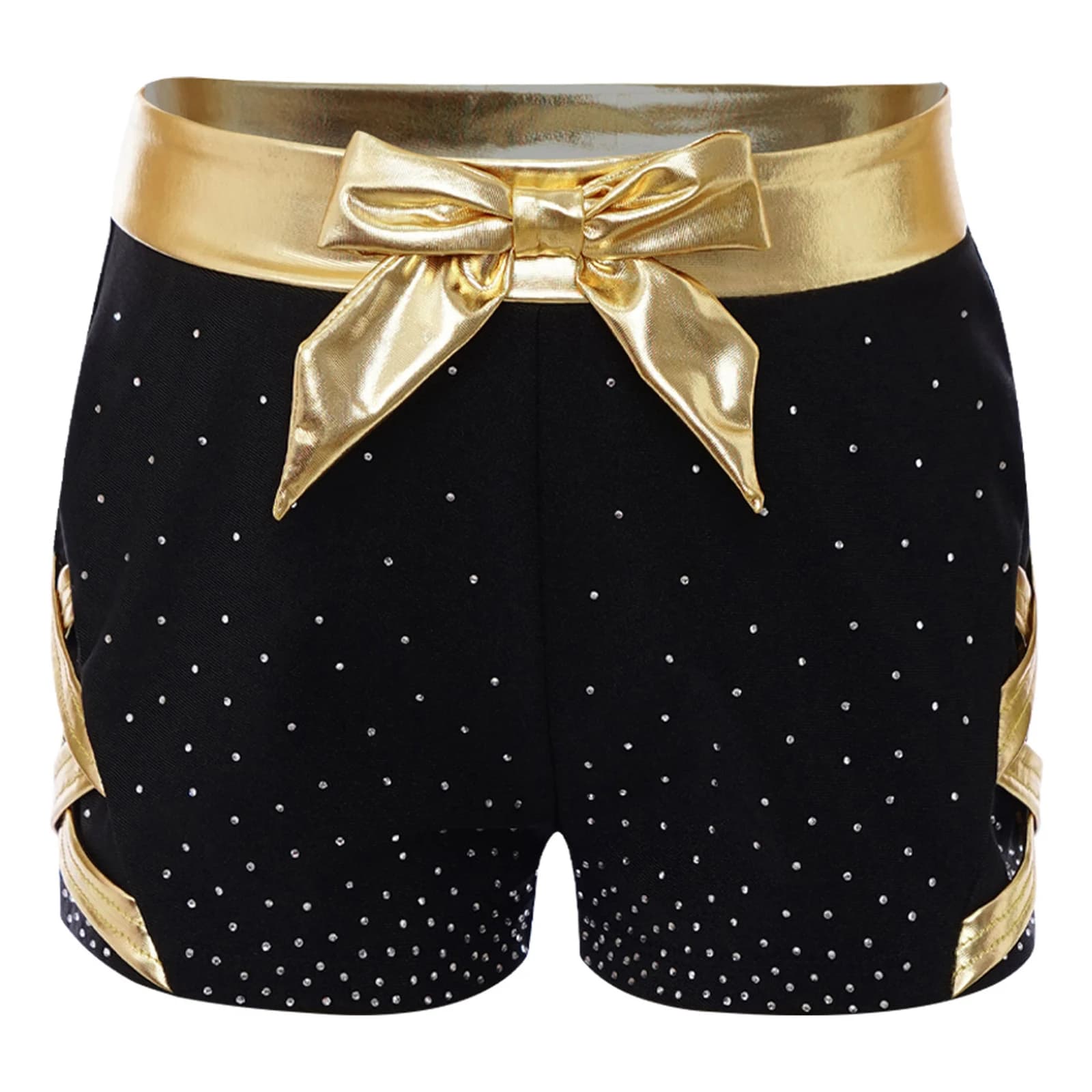 Kids Girls Gymnastics Sports Dance Shorts Bottoms Metallic Bow Elastic Waistband Sides Crisscross Shiny Rhinestones Booty Shorts