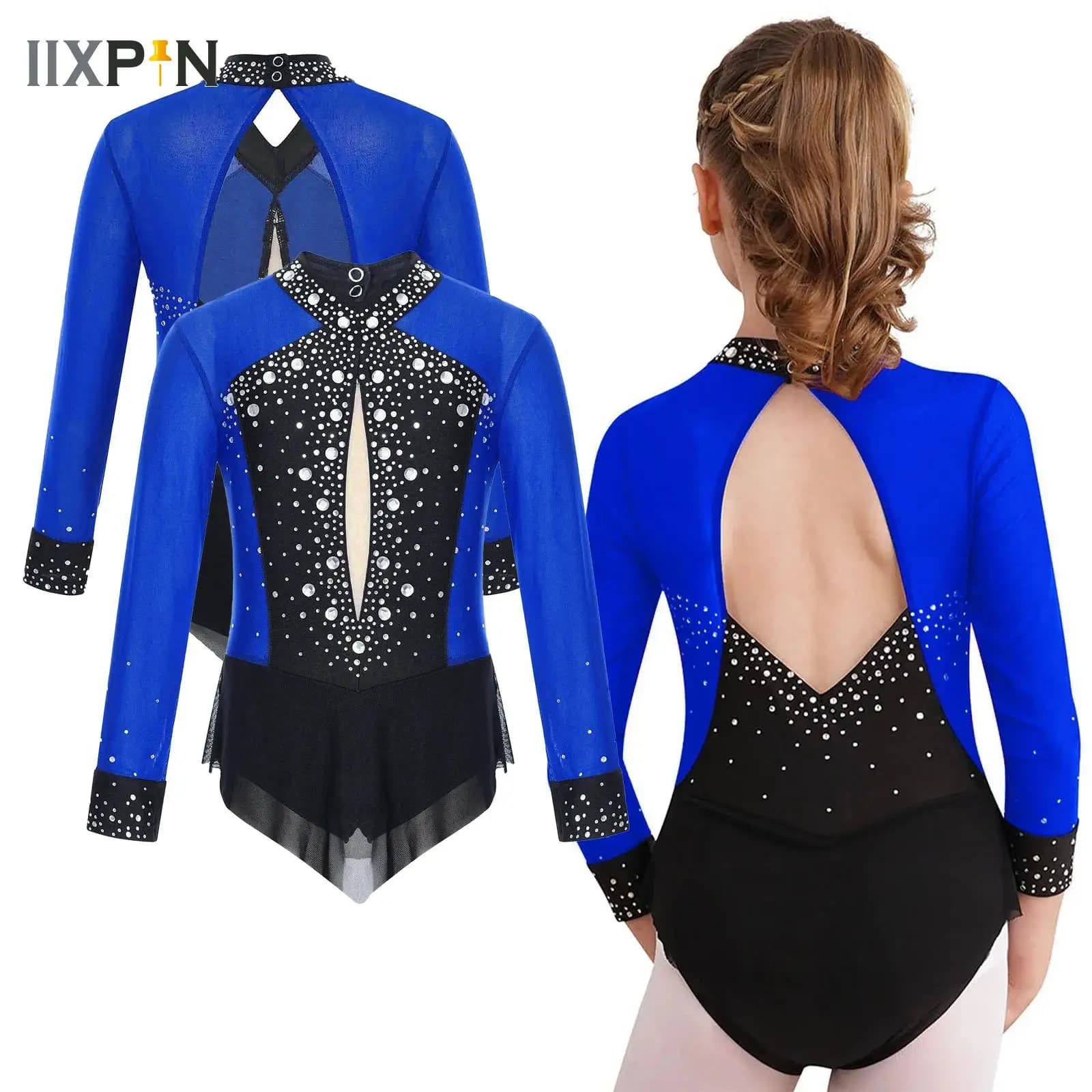 Costume da pattinaggio di figura per bambina, maglia da danza classica, ginnastica ritmica, body con gonna, abito in rete trasparente con strass lucidi