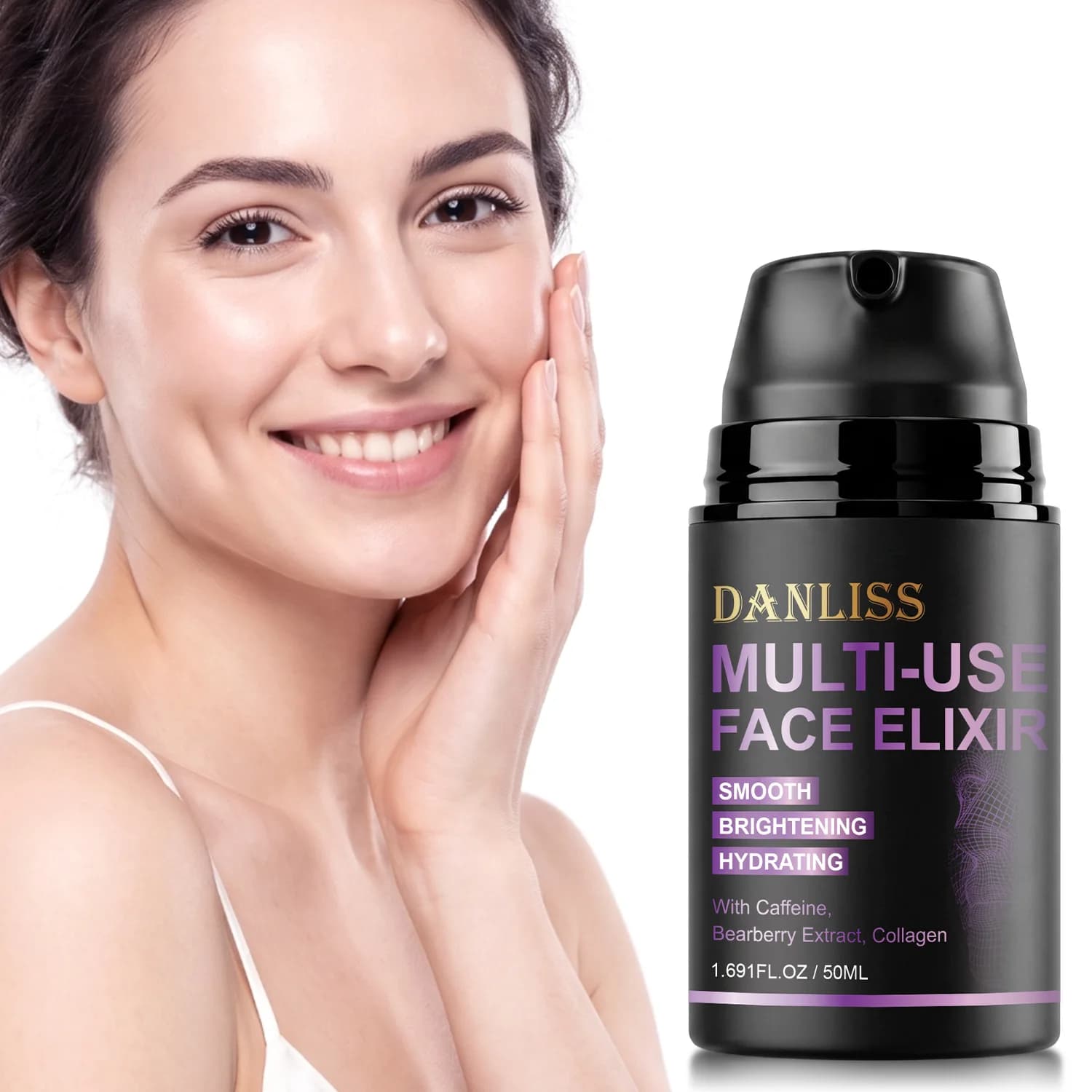 Multi-Use Face Elixir with Caffeine, Bearberry Extract & Collagen – Smooth, Brightening & Hydrating Facial Serum for Tired Skin.