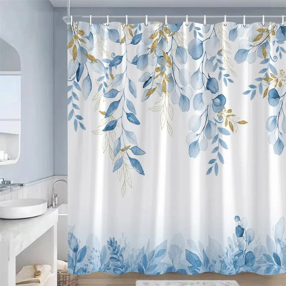 Tenda da Doccia con Stampa Foglie di Eucalipto Blu e Lamina d'Oro, Impermeabile in Poliestere, Decorazione Bagno Boho Acquerello Botanico