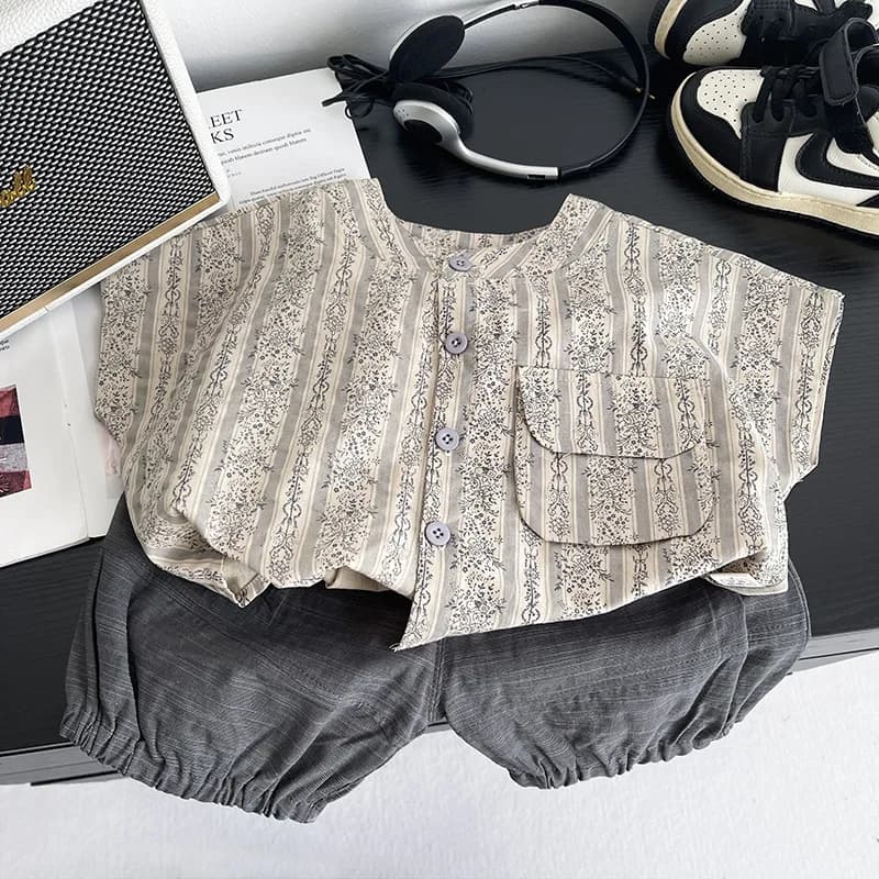 Toddler Boys Outfits 2026 Summer New Baby Boy Clothes Casual Trendy Vintage Floral Striped Shirt Elastic Waist Shorts 2PCS Set