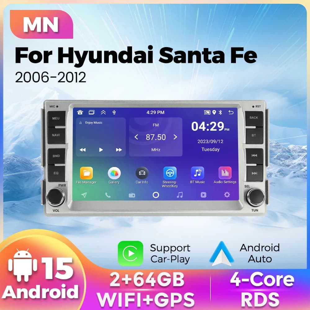 Navifly 4 Core 64GB Android 15 Car FM Radio Multimedia Player For Hyundai Santa Fe 2006-2012 Wireless Carplay Auto RDS WIFI GPS