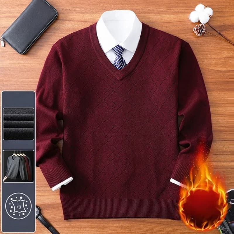 Maglione da uomo in misto lana con scollo a V - Borgogna (Blu navy/Grigio medio/Grigio scuro) Premium Anti-Pilling ​ ​ Business Casual