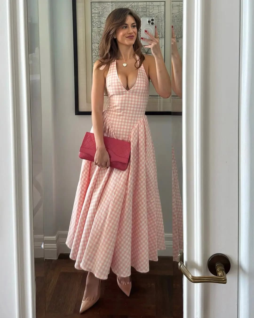 YENKYE Abito estivo da donna sexy senza schienale scozzese rosa con scollo all'americana a vita bassa Abiti da festa eleganti Abito da vacanza
