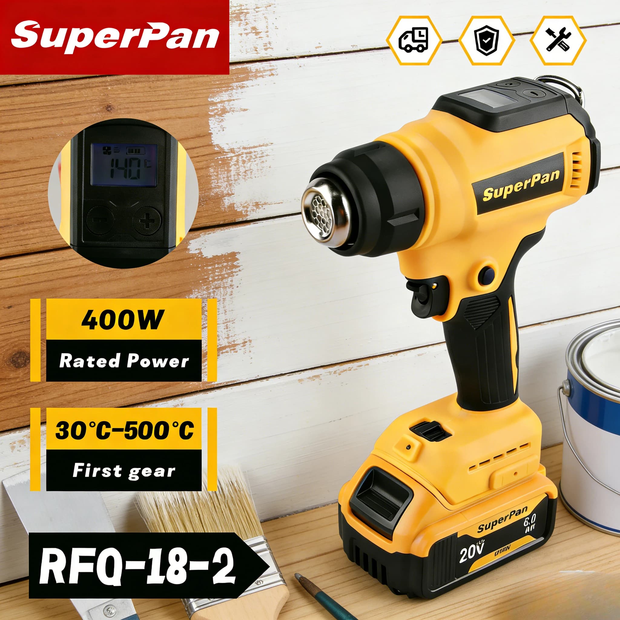 Pistola Termica Senza Fili SuperPan 18V, Pistola Termica a Ioni di Litio per Film Termoretraibile, Scongelamento, Incollaggio Automatico, Utensile Elettrico Ricaricabile per Batteria Dewalt 18V