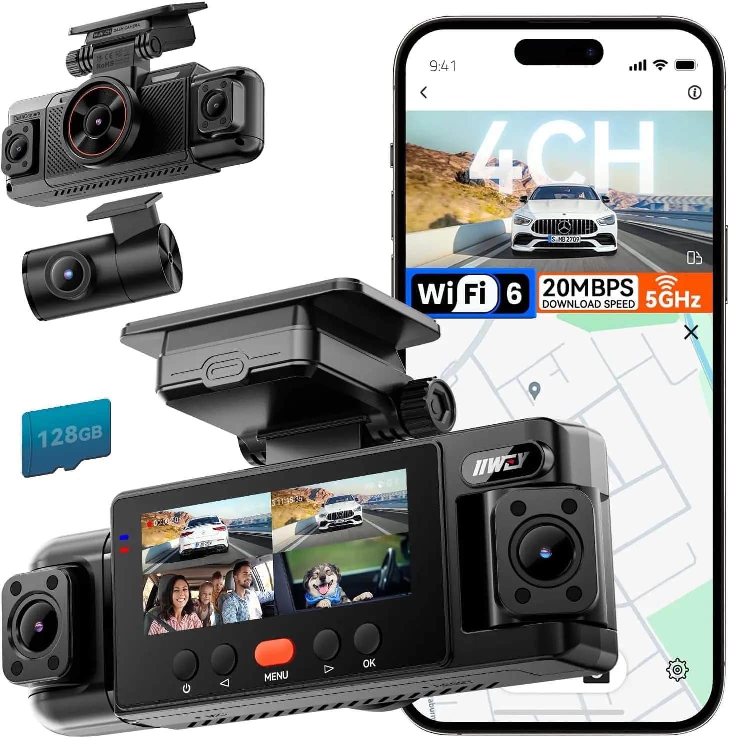 Dash Cam a 4 Canali con Visione a 360 Gradi ° Telecamera per Auto con Copertura 5.8G WiFi-6, Scheda da 128GB Gratuita, Registrazione Anteriore e Posteriore FHD, Visione Notturna, GPS, Assistenza al Parcheggio
