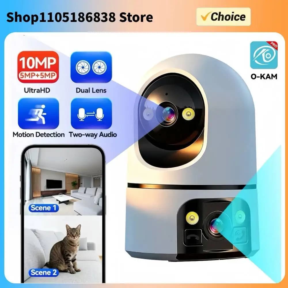Telecamera Wi-Fi a Doppia Lente con Chiamata One-Touch, 5K 10MP per Interni, Monitor per Bambini e Animali Domestici con Tracciamento Automatico, Visione Notturna a Colori