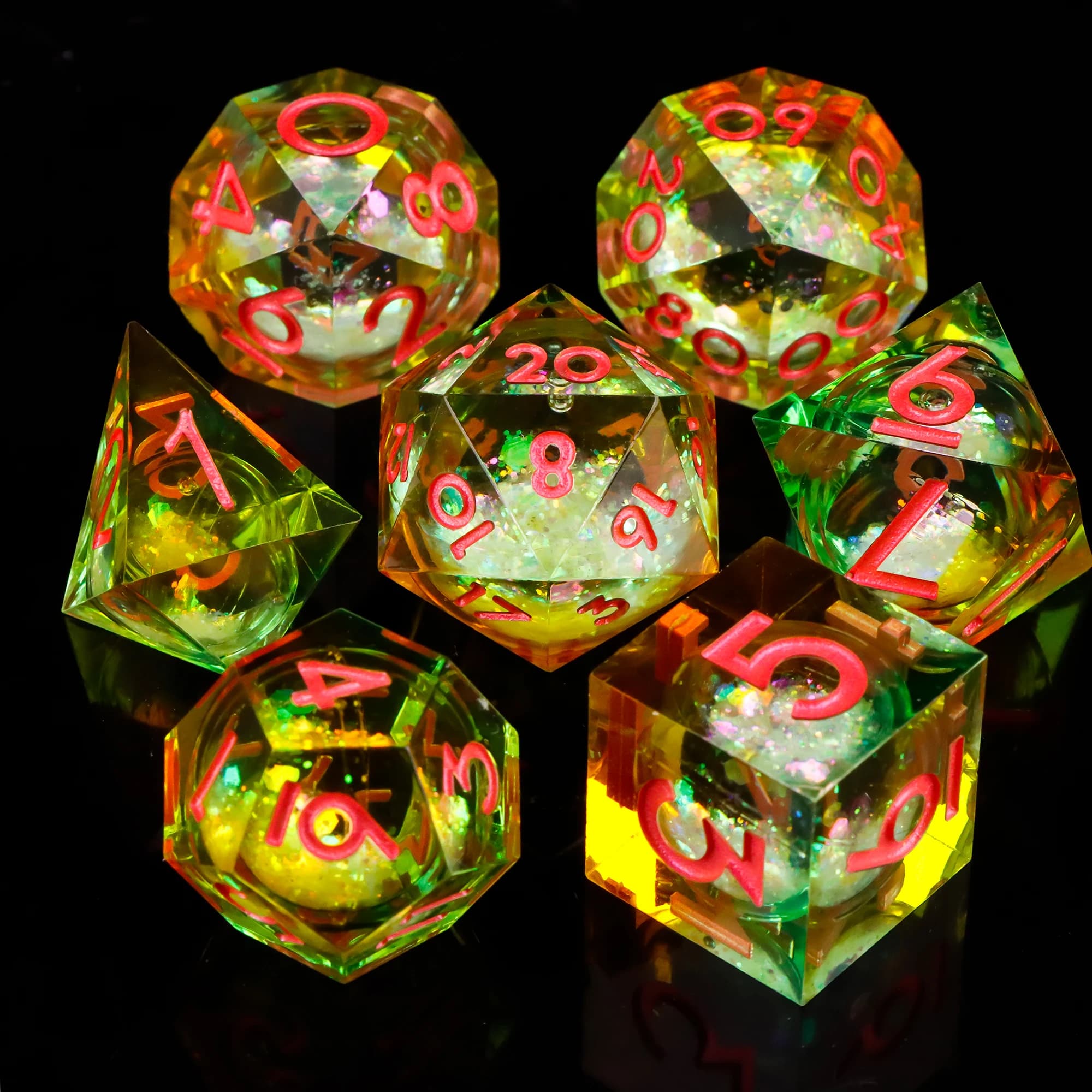 Set di Dadi in Resina con Nucleo Liquido per Dungeons and Dragons, D&D, Giochi di Ruolo, Dadi Verdi con Bordi Affilati, Regalo