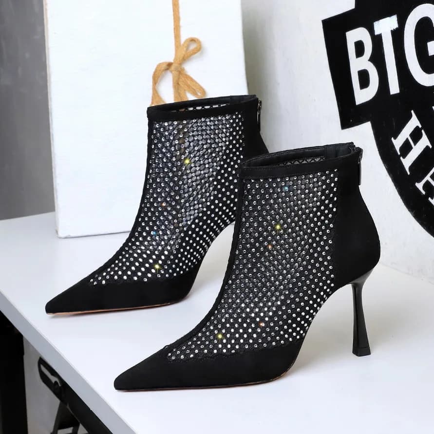 Stivaletti corti con tacco alto Stivali a rete da donna con giunture a punta in filato di rete con strass e tacco sottile
