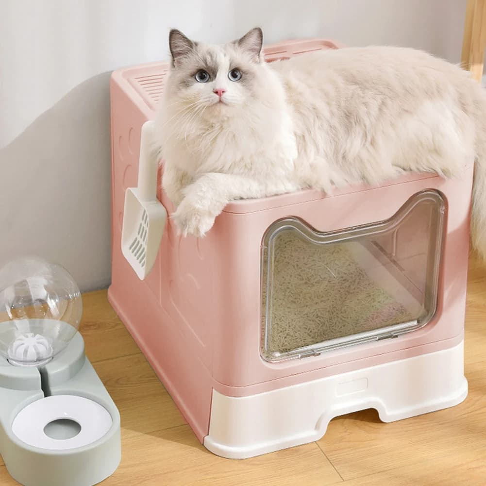 Lettiera per Gatti Pieghevole con Uscita Superiore e Ingresso Frontale, Paletta per Lettiera Inclusa, Rosa/Blu