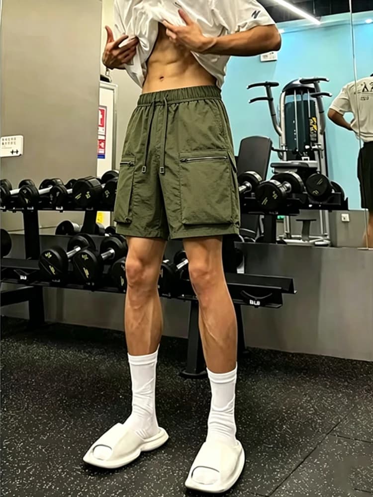 Military Green Workwear Shorts Men's Summer Thin Ice Silk Quick Dry Five-Quarter Fitness Outdoor Sports Pants mid Waist Strai...