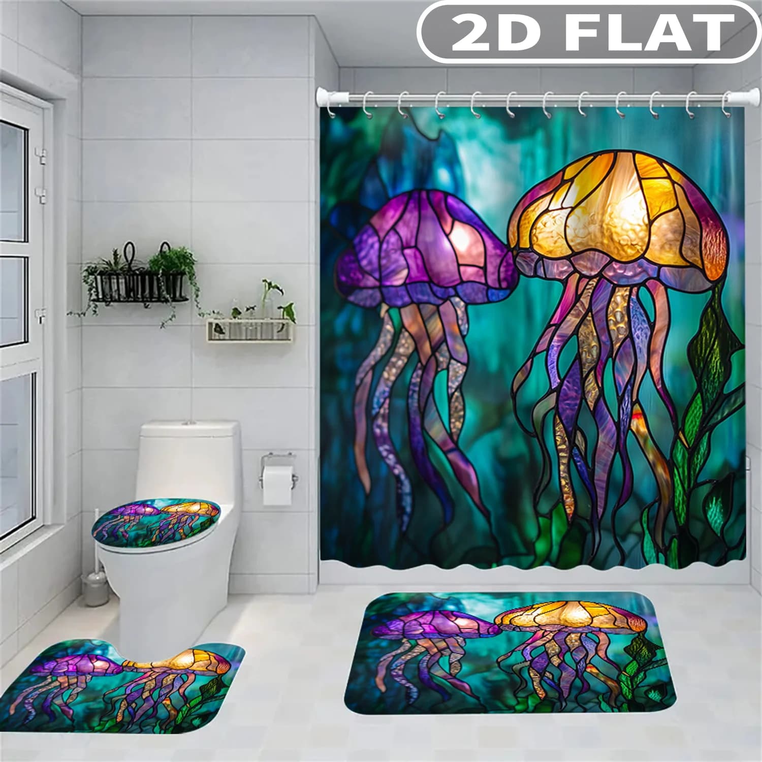 1pc/ 4pcs 2D FLAT Stained Glass Jellyfish Ocean Pattern Shower Curtain Set, Accessories with Bath Mat, U-shaped Mat, Toilet Lid