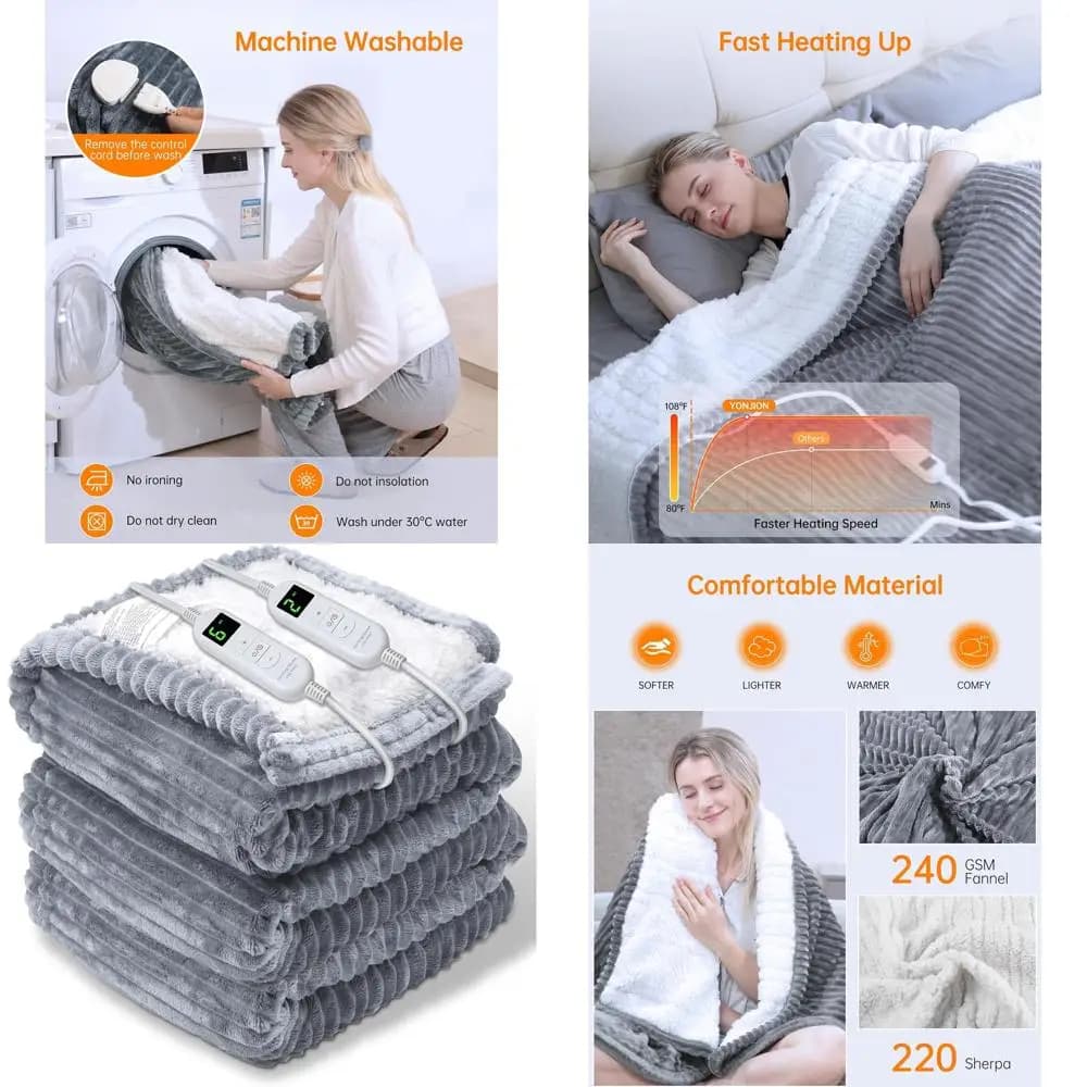 Coperta elettrica grigia da 84 x 90 pollici con 4 timer e 6 livelli di calore: regalo invernale perfetto per adulti
