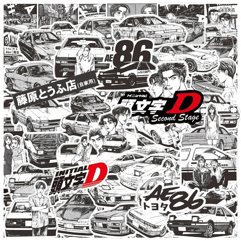 10/30/75 Pezzi Adesivi Classici Anime Initial D Bianco e Nero, Decalcomanie Cartoon, Decorazioni Fai-da-Te per Skateboard, Telefono, Notebook