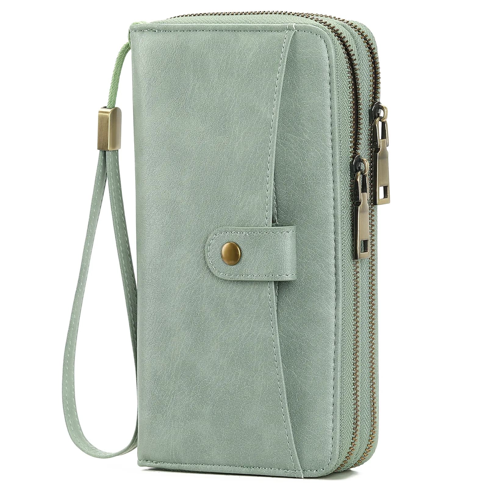Women PU Leather RFID Blocking Long Wallet Clutch with Wrist Strap Snap Closure Multi Zipper Card Holder Ladies Travel Purse